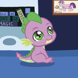 Size: 799x798 | Tagged: safe, artist:daphianna, spike, twilight sparkle, dragon, g4, baby, baby dragon, baby spike, book, bookshelf, cute, daaaaaaaaaaaw, drawing, flower, green eyes, looking up, male, mama twilight, picture, sitting, smiling, solo, spikabetes, text, weapons-grade cute
