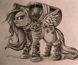 Size: 1000x831 | Tagged: safe, artist:wonderbolt, fluttershy, pony, g4, clothes, crossover, female, league of legends, monochrome, singed, solo