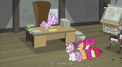 Size: 854x472 | Tagged: safe, edit, edited screencap, screencap, apple bloom, diamond tiara, scootaloo, sweetie belle, earth pony, pegasus, pony, unicorn, g4, ponyville confidential, season 2, angry, apple bloom's bow, basement, book, bow, caption, chair, cutie mark crusaders, desk, female, filly, foal, hair bow, indoors, ink, lamp, meme, paper, ponyville schoolhouse, poster, school, youtube caption
