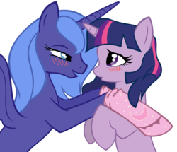Size: 4000x3441 | Tagged: dead source, safe, artist:bri-sta, artist:illuminatiums, princess luna, twilight sparkle, alicorn, pony, unicorn, g4, bedroom eyes, blush scribble, blushing, clothes, eye contact, female, high res, horn, horns are touching, hug, imminent kissing, lesbian, lidded eyes, looking at each other, mare, open mouth, open smile, pouting, s1 luna, ship:twiluna, shipping, show accurate, simple background, smiling, socks, spread wings, transparent background, unicorn twilight, vector