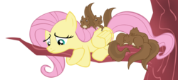 Size: 5000x2251 | Tagged: safe, artist:illuminatiums, fluttershy, pegasus, pony, squirrel, g4, secret of my excess, animal, cowardly, eyes closed, female, frown, high res, looking down, lying down, mare, prone, scared, show accurate, simple background, transparent background, tree, tree branch