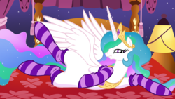 Size: 2500x1406 | Tagged: dead source, safe, artist:illuminatiums, princess celestia, alicorn, pony, g4, bed, clothes, featureless crotch, female, grin, mare, on side, show accurate, smiling, socks, solo, spread legs, spreading, striped socks
