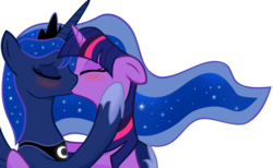 Size: 3250x2000 | Tagged: safe, artist:illuminatiums, princess luna, twilight sparkle, alicorn, pony, unicorn, g4, blushing, bust, crown, duo, ears back, ethereal mane, eyes closed, female, floppy ears, high res, holding each other, hoof shoes, horn, jewelry, kiss on the lips, kissing, lesbian, love, mare, peytral, portrait, princess shoes, regalia, ship:twiluna, shipping, show accurate, simple background, starry mane, tiara, transparent background, unicorn twilight