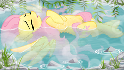 Size: 2844x1600 | Tagged: dead source, safe, artist:illuminatiums, fluttershy, pegasus, pony, g4, belly, belly button, blushing, crossed legs, cute, eyes closed, female, floating, hot springs, mare, on back, ophelia, show accurate, shyabetes, solo, sweat, water, wet