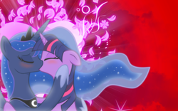 Size: 1920x1200 | Tagged: dead source, safe, artist:illuminatiums, artist:vexx3, edit, princess luna, twilight sparkle, alicorn, pony, unicorn, g4, abstract background, blushing, bust, eyes closed, female, floppy ears, horn, jewelry, kiss on the lips, kissing, lesbian, love, mare, portrait, regalia, ship:twiluna, shipping, show accurate, tiara, vector, wallpaper, wallpaper edit
