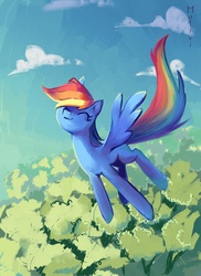 Size: 2098x2874 | Tagged: dead source, safe, artist:holivi, rainbow dash, pegasus, pony, g4, eyes closed, female, flying, forest, happy, high res, mare, solo