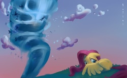 Size: 800x492 | Tagged: safe, artist:holivi, fluttershy, pegasus, pony, g4, hurricane fluttershy, season 2, female, floppy ears, hiding behind wing, mare, prone, solo focus, waterspout