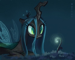 Size: 2874x2299 | Tagged: dead source, safe, artist:holivi, queen chrysalis, changeling, changeling queen, g4, crown, curious, female, glowing, high res, jewelry, mare, prone, regalia, signature, solo