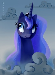 Size: 550x750 | Tagged: safe, artist:holivi, princess luna, alicorn, pony, g4, cloud, cloudy, female, looking up, mare, smiling, solo