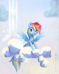 Size: 2299x2874 | Tagged: safe, artist:holivi, rainbow dash, pegasus, pony, g4, cloud, cloudy, derp, female, happy, high res, hooves, looking at you, mare, on a cloud, sitting, sitting on a cloud, solo, spread wings, wings