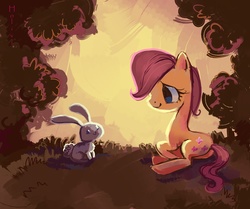 Size: 2752x2299 | Tagged: safe, artist:holivi, fluttershy, pegasus, pony, rabbit, g4, female, filly, filly fluttershy, foal, forest, happy, high res, prone, wingless, younger