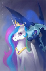 Size: 389x600 | Tagged: dead source, safe, artist:holivi, nightmare moon, princess celestia, alicorn, pony, g4, female, mare, sitting, spread wings