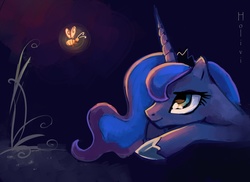 Size: 3161x2299 | Tagged: safe, artist:holivi, princess luna, alicorn, firefly (insect), pony, g4, bust, female, happy, high res, horn, jewelry, mare, portrait, prone, regalia, solo, tiara
