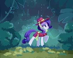 Size: 2874x2299 | Tagged: safe, artist:holivi, rarity, pony, unicorn, g4, clothes, dress, female, forest, hat, high res, mare, profile, raised hoof, solo