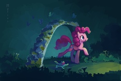Size: 4311x2874 | Tagged: dead source, safe, artist:holivi, gummy, pinkie pie, alligator, butterfly, earth pony, lizard, pony, reptile, g4, female, garden, happy, high res, male, mare, walking
