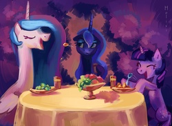 Size: 4311x3161 | Tagged: dead source, safe, artist:holivi, princess celestia, princess luna, twilight sparkle, alicorn, pony, unicorn, g4, eyes closed, female, food, high res, laughing, lidded eyes, mare, open mouth, open smile, playing, royal sisters, siblings, sisters, smiling, spoon, table, trio, trio female, unicorn twilight