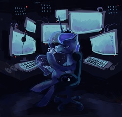 Size: 4023x3851 | Tagged: safe, artist:holivi, princess luna, alicorn, pony, gamer luna, g4, chair, computer, computer mouse, controller, cup, drinking, female, high res, keyboard, mare, monitor, sitting, solo, tea, teacup