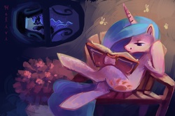 Size: 4311x2874 | Tagged: safe, artist:holivi, princess celestia, princess luna, alicorn, firefly (insect), insect, pony, gamer luna, g4, bench, book, computer, crossed hooves, crossed legs, duo, duo female, female, high res, mare, night, reading, sitting, window