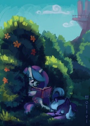 Size: 2874x4023 | Tagged: safe, artist:holivi, princess celestia, princess luna, alicorn, pony, g4, book, cute, female, filly, foal, garden, high res, reading, royal sisters, siblings, sisters, sleeping, woona