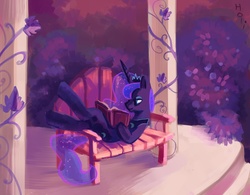 Size: 3356x2618 | Tagged: safe, artist:holivi, princess luna, alicorn, pony, g4, bench, book, female, garden, high res, mare, on back, reading, solo