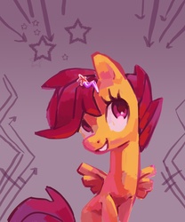 Size: 3010x3610 | Tagged: dead source, safe, artist:holivi, scootaloo, pegasus, pony, g4, abstract background, cute, cutealoo, female, filly, foal, hairpin, happy, high res, sitting, smiling, solo, spread wings, wings