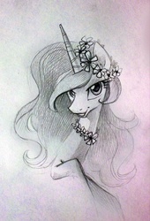 Size: 2736x4024 | Tagged: safe, artist:holivi, princess celestia, alicorn, pony, g4, bust, daisy (flower), female, floral head wreath, flower, high res, mare, monochrome, pencil drawing, smiling, solo, traditional art