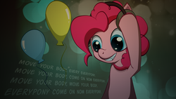Size: 1920x1080 | Tagged: safe, artist:zipomon, pinkie pie, earth pony, pony, g4, abstract background, balloon, bipedal, female, headphones, mare, solo, wallpaper
