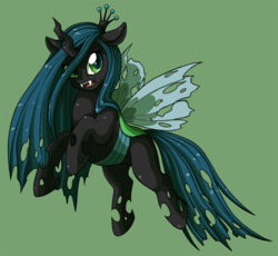 Size: 1089x1002 | Tagged: safe, artist:catsncupcakes, queen chrysalis, changeling, changeling queen, g4, crown, cute, cutealis, fangs, female, flying, frown, jewelry, looking at you, open mouth, regalia, simple background, solo