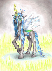 Size: 1847x2503 | Tagged: safe, artist:evomanaphy, queen chrysalis, changeling, changeling queen, g4, crown, fangs, featured image, female, fire, grin, jewelry, looking at you, magic, raised hoof, regalia, smiling, solo, traditional art