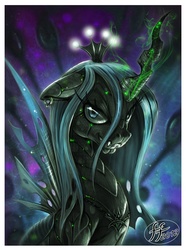 Size: 948x1276 | Tagged: safe, artist:14-bis, queen chrysalis, changeling, changeling queen, g4, crown, ear piercing, earring, fangs, female, jewelry, looking at you, magic, piercing, regalia, sitting, smiling, solo