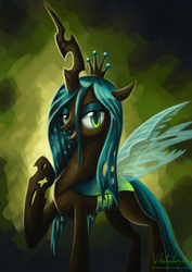 Size: 900x1274 | Tagged: safe, artist:whitestar1802, queen chrysalis, changeling, changeling queen, g4, abstract background, fangs, female, looking at you, open mouth, raised hoof, signature, smiling, solo, standing