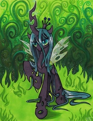 Size: 617x800 | Tagged: safe, artist:lizspit, queen chrysalis, changeling, changeling queen, g4, crown, fangs, female, fire, green fire, jewelry, raised hoof, regalia, signature, smiling, solo, standing, traditional art, transparent wings, wings