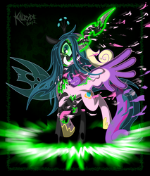 Size: 2300x2700 | Tagged: safe, artist:killryde, queen chrysalis, changeling, changeling queen, g4, action pose, crown, disguise, disguised changeling, duality, fake cadance, female, high res, jewelry, looking at you, magic, regalia, smiling, transformation