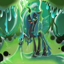 Size: 1500x1500 | Tagged: safe, artist:twintailsinc, queen chrysalis, changeling, changeling queen, g4, cocoon, crown, fangs, female, jewelry, lidded eyes, looking at you, magic, open mouth, raised hoof, regalia, slime, smiling, solo, standing