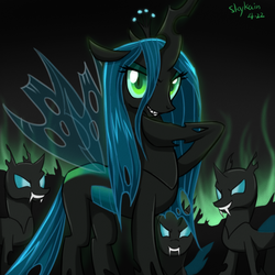 Size: 800x800 | Tagged: safe, artist:skykain, queen chrysalis, changeling, changeling queen, g4, crown, evil smile, female, grin, jewelry, looking at you, raised hoof, regalia, smiling