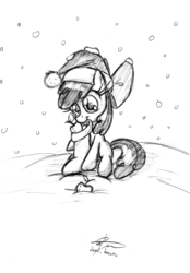 Size: 2047x2944 | Tagged: safe, artist:leadhooves, apple bloom, earth pony, pony, g4, apple, christmas, female, filly, hat, high res, monochrome, mouth hold, pencil drawing, santa hat, sitting, snow, snowfall, solo, traditional art, winter