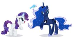 Size: 1393x744 | Tagged: safe, artist:catwhitney, princess luna, rarity, alicorn, pony, unicorn, g4, brushie, duo, duo female, female, glowing horn, hairbrush, horn, magic, mare, raised hoof, simple background, telekinesis, transparent background