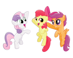 Size: 1253x993 | Tagged: safe, artist:catwhitney, apple bloom, scootaloo, sweetie belle, earth pony, pegasus, pony, unicorn, g4, cutie mark crusaders, female, filly, happy, jumping, simple background, transparent background