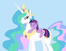 Size: 1500x1176 | Tagged: safe, artist:glittering-pony, princess celestia, twilight sparkle, alicorn, pony, unicorn, g4, female, filly, filly twilight sparkle, mare, momlestia, ponies riding ponies, riding, simple background, twilight riding celestia, younger