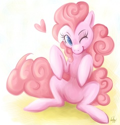 Size: 864x900 | Tagged: safe, artist:akita48, pinkie pie, earth pony, pony, g4, cute, diapinkes, female, heart, mare, sitting, solo, wink