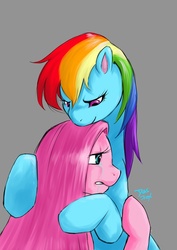 Size: 700x990 | Tagged: safe, artist:diasfox, pinkie pie, rainbow dash, earth pony, pegasus, pony, g4, crying, female, hug, lesbian, mare, pinkamena diane pie, sad, ship:pinkiedash, shipping, simple background