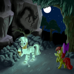Size: 900x900 | Tagged: safe, artist:fantdragon, apple bloom, zecora, earth pony, pony, zebra, g4, duo, everfree forest, female, filly, glow in the dark, mare, night, rearing, scared, shadow, vial