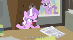 Size: 852x471 | Tagged: safe, screencap, diamond tiara, earth pony, pony, g4, ponyville confidential, female, filly, foal, newspaper, open mouth, poster, solo, unamused, written equestrian, youtube caption