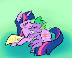Size: 900x731 | Tagged: safe, artist:tychosexual, spike, twilight sparkle, dragon, pony, unicorn, g4, blushing, cute, duo, eyes closed, mama twilight, mother, mother's day, paper, spikabetes, spikelove, twiabetes, unicorn twilight
