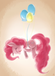 Size: 2000x2750 | Tagged: safe, artist:teknibaal, pinkie pie, earth pony, pony, g4, balloon, eyes closed, female, happy, high res, mare, open mouth, profile, smiling, solo, then watch her balloons lift her up to the sky
