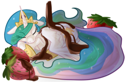 Size: 1013x660 | Tagged: safe, artist:php27, princess celestia, alicorn, pony, g4, chocolate, female, mare, simple background, solo, strawberry, transparent background