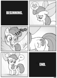 Size: 700x950 | Tagged: safe, artist:joeengland, apple bloom, earth pony, pony, g4, blank flank, comic, cutie mark, cutiespark, female, filly, foal, grayscale, hilarious in hindsight, inception, lol, monochrome, recursion, speech bubble