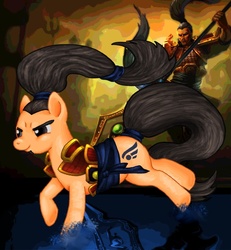 Size: 882x954 | Tagged: safe, human, league of legends, ponified, xin zhao