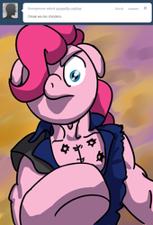 Size: 641x940 | Tagged: safe, artist:full stop, pinkie pie, earth pony, semi-anthro, g4, crossover, female, hokuto no ken, looking at you, ponyville replies, solo, you are already dead