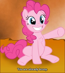 Size: 887x1000 | Tagged: safe, pinkie pie, g4, big dipper, brony, crossover, grin, hokuto no ken, kenshiro, pointing, scar, sitting, smiling, underhoof, welcome to the herd, you are already dead